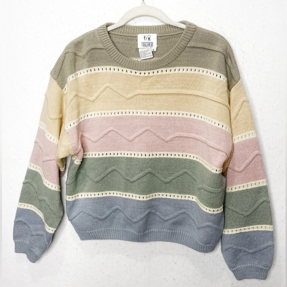 Together! Pastel Stripe Long Sleeve Knitted Grandma Sweater Rare Vintage Find